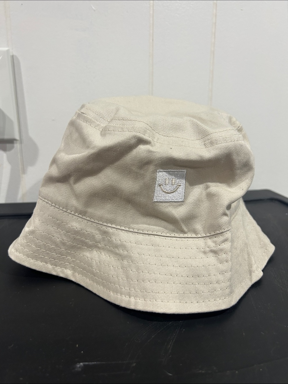 Kids Beige Bucket Hat with Smiley Patch